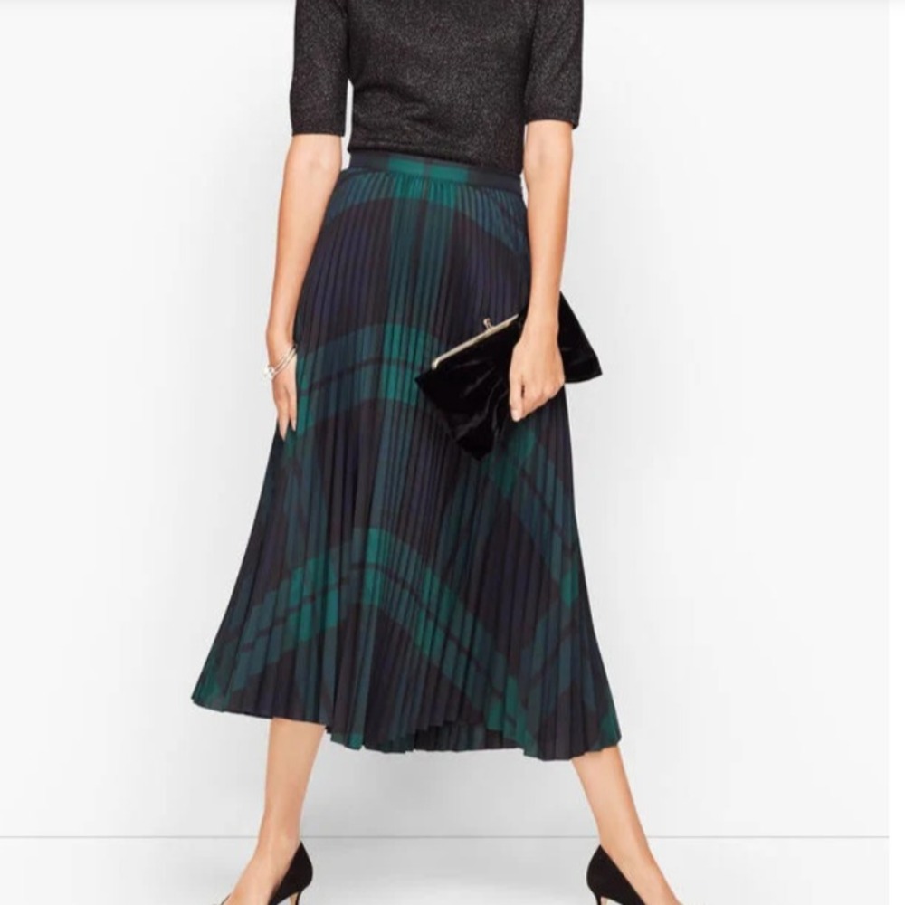 Talbots Black Watch Plaid Midi Skirt, Sz 8, Accordion Pleats Black Green Blue